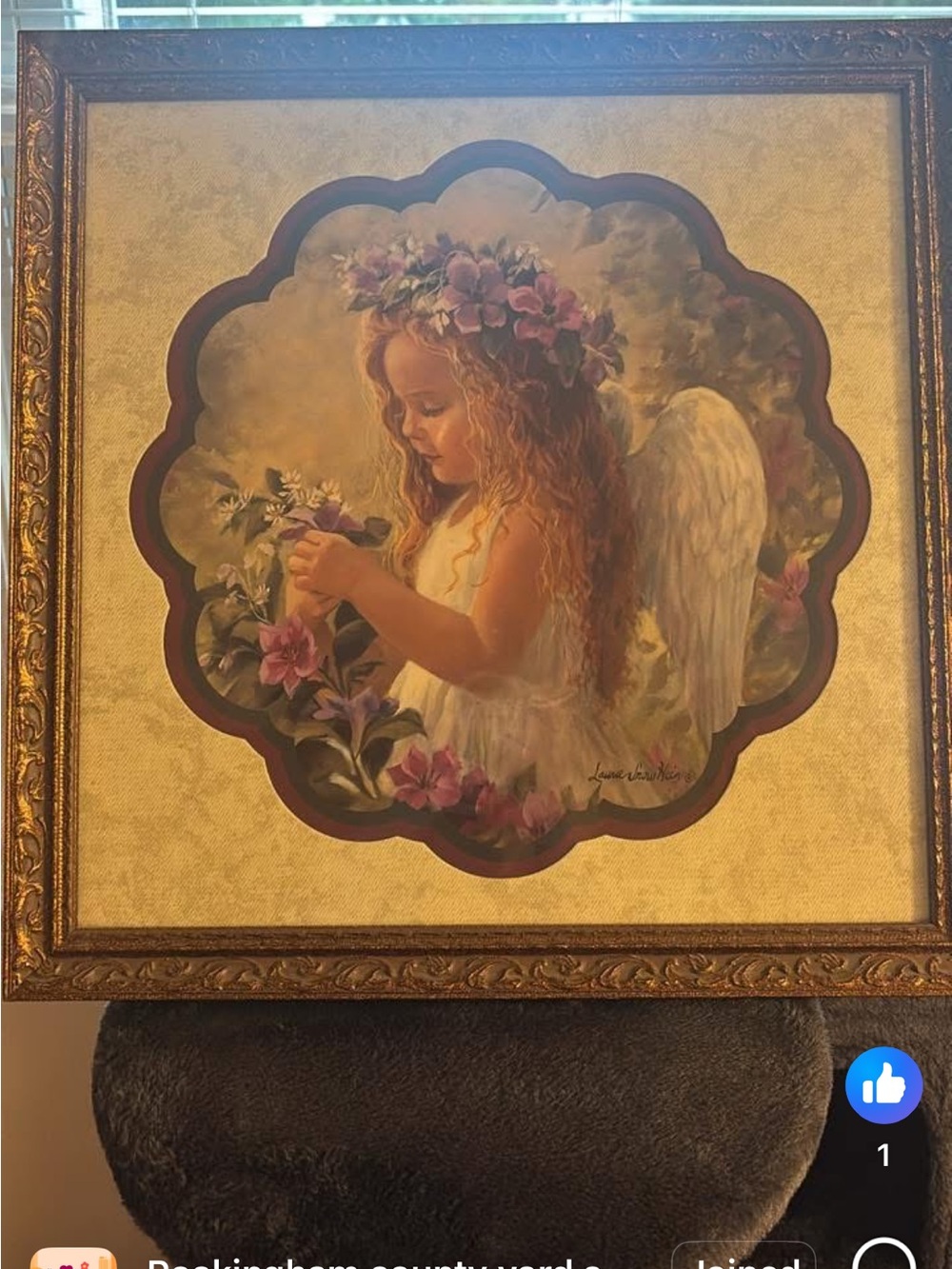 Home Interiors Gold-Framed Angel with Pink Floral Wreath (vintage)